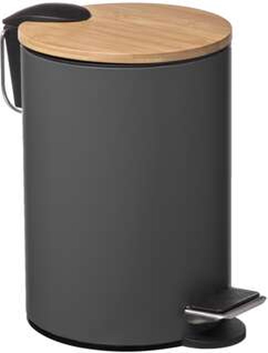5Five Poubelle élégante et compacte 3L avec couvercle en bambou - Fermeture douce - Gris