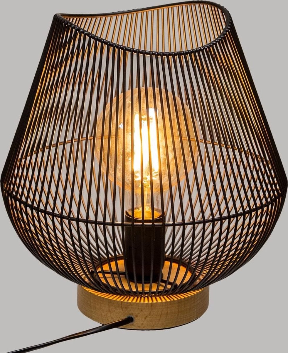 Lampe de table Fil d'acier noir avec base en bois de hêtre