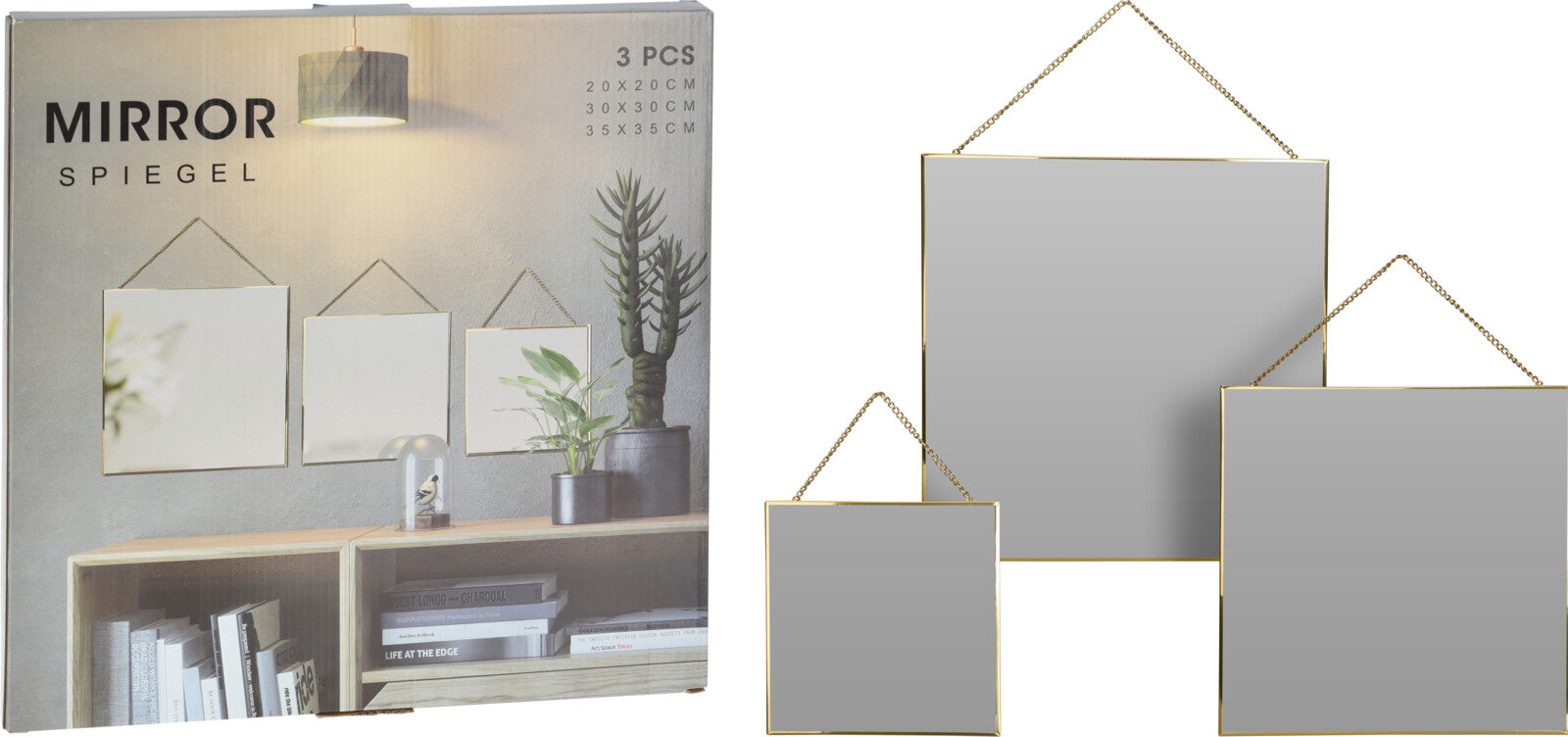 Miroirs - Lot de 3 - Doré - Carré sur chaîne - 3 Tailles