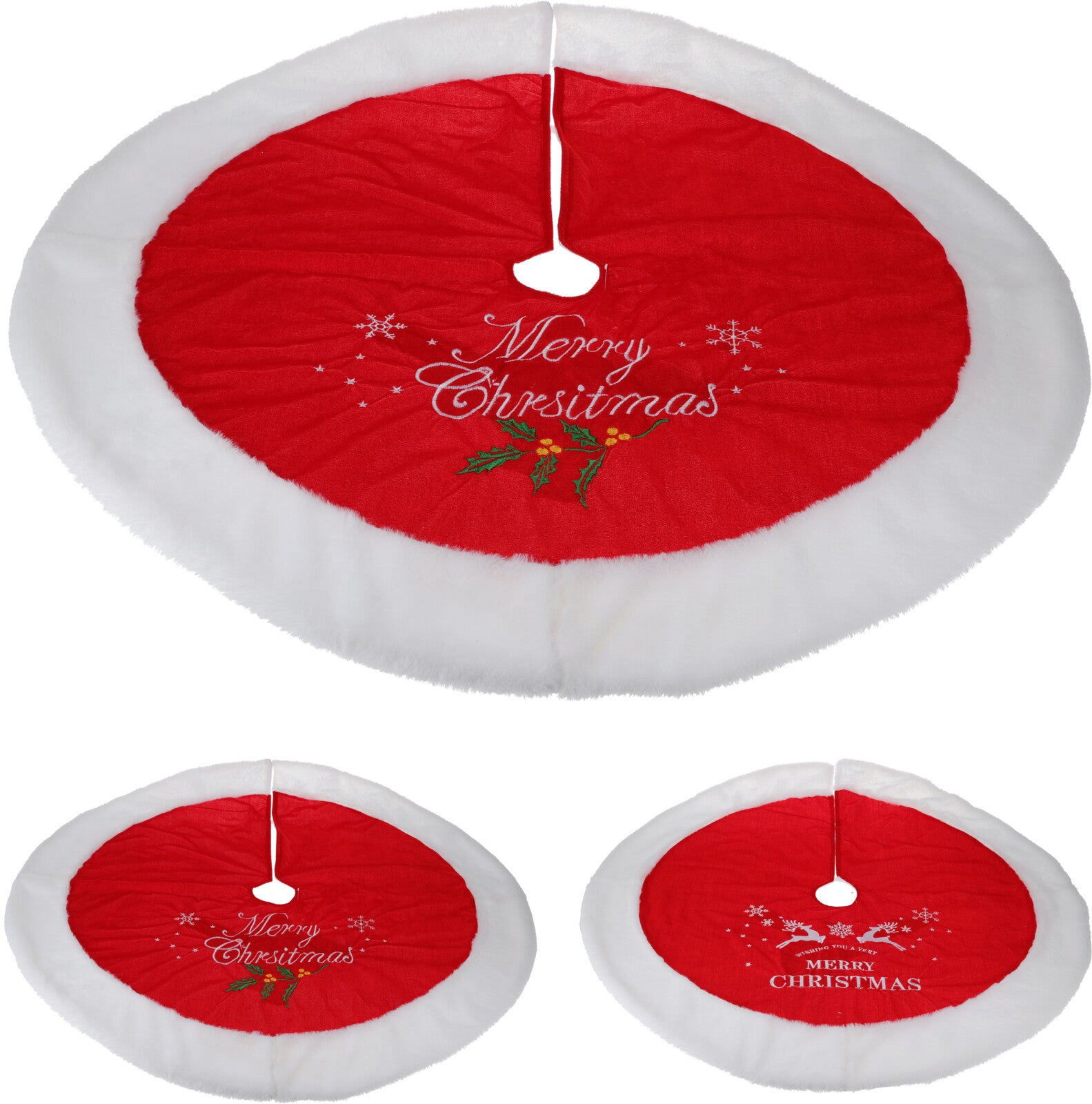 Jupe de sapin de Noël Velours - D100cm - Rouge et Blanc - Joyeux Noël