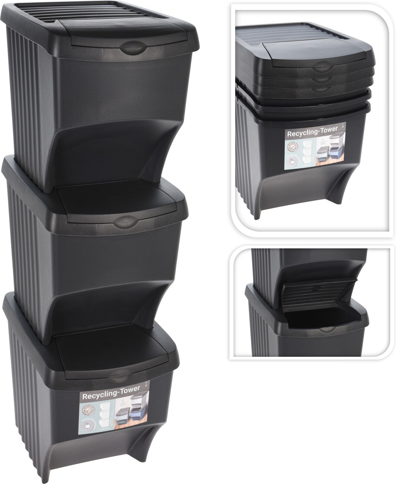 Waste bins - Set of 3 - Waste separation bin - Black - Stackable - Recycle